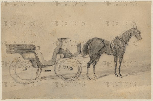 Landauer with horse, pen in black, washed in gray, sheet: 14.2 x 21.7 cm, not marked, Constantin Guys, Vlissingen 1802–1892 Paris