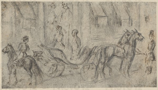 Waiting Landauer in front of an open house, pencil and pen in black, sheet: 12.2 x 22 cm, unmarked, Constantin Guys, Vlissingen 1802–1892 Paris