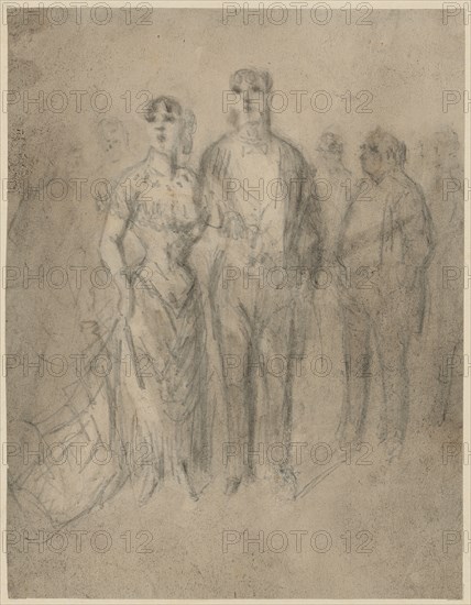 Elegant couple at reception, pencil, washed, mounted, sheet: 19.4 x 15.1 cm, not marked, Constantin Guys, Vlissingen 1802–1892 Paris