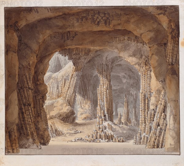 Interior of Fingal's Cave on Staffa Island, after 1844, watercolor, feather in gray and black, Edging line with feather in dark gray, Watermark: lion with sword and arrow bundle on pedestal: PRO PATRIA (?), below: IH, Carl Gustav Carus, Leipzig 1789–1869 Dresden
