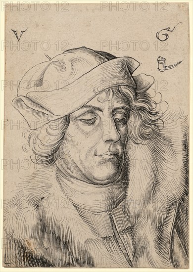 Portrait of a man with a beret and fur collar, around 1507, pen in black, leaf: 15.4 x 10.8 cm, O. l., and r., monogrammed: V, G, o. r., Boraxbüchse, Urs Graf, Solothurn um 1485 – 1527/28