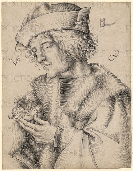 Portrait of a man with pocket sundial, around 1505/08, pen in black, sheet: 19.2 x 14.8 cm, O. l., and r., monogrammed of the head: V, G, o. r., Boraxbüchse, on the outer ring of the night watch indicates: I * V * OW * D * I * HIOMEC * I *, on the sundial: VR · I · II [?] VOIVG, Urs Graf, Solothurn um 1485 – 1527/28