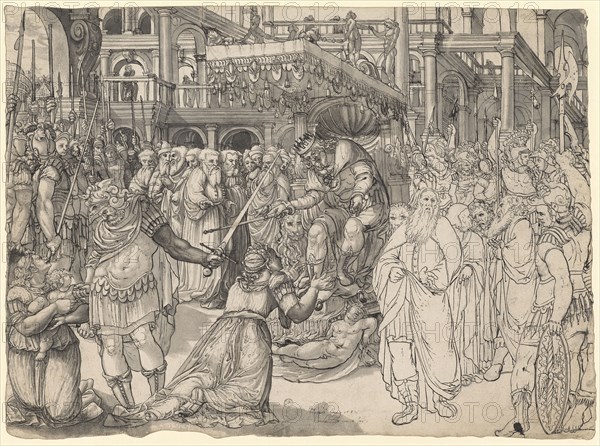 The judgment of Solomon, 1582, pen in black, gray wash, picture: 34.5 x 46.5 cm, 47.1, U. M. inscribed: Josephus Heintz 1582. his lher in the 4th year, Joseph Heintz d. Ä., Basel 1564–1609 Prag