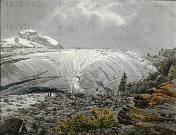 Bottom arm of the Bernina Glacier, 1814, pencil, pen and watercolor, Frame, leaf: 19 x 24.6 cm, in the representation r.u., signed and dated: J.C., Bischoff ad., nat., fecit, ., [...] 1814, Jakob Christoph Bischoff, Bern 1793–1825 Allschwil/Baselland