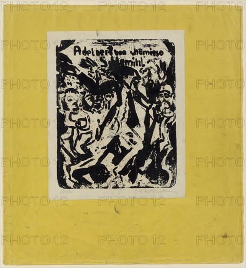Cover drawing to Adelbert von Chamisso's story Peter Schlemihl's miraculous story, 1915, black inked lithograph, mounted on yellow paper, I, I, not numbered and limited, picture: approx. 26.8 x 21.5 cm |, Sheet: 30.3 x 24.7 cm, inscribed in stone: Adelbert von Chamisso, Schlemihl, u, ., l, ., marked in pencil: 1 pressure (?), u, ., r: E. L. Kirchner, Ernst Ludwig Kirchner, Aschaffenburg 1880–1938 Davos Frauenkirch