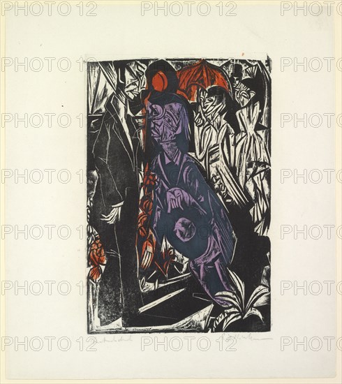 The sale of the shadow, 1915, color woodcut on blotter paper, colored print of two sticks (color plate sawn) in black, violet and red, condition print, b, ., not numbered and limited, sheet: 44.3 x 39.3 cm |, Picture: 32.3 x 22 cm, inscribed in pencil a., l .: condition pressure, signed and signed, r .: E L Kirchner, Ernst Ludwig Kirchner, Aschaffenburg 1880–1938 Davos Frauenkirch