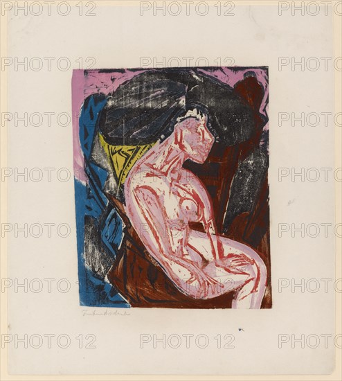 The Beloved, 1915, colored woodcut on blotting paper, colored print of sawn drawing plate and several color plates in black, red, brown, violet, blue and yellow, condition print, c, ., 2 II, II, not numbered and limited, sheet: 44.3 x 39.3 cm |, Picture: 28.8 x 33.6 cm, inscribed in pencil a., l .: condition pressure, Ernst Ludwig Kirchner, Aschaffenburg 1880–1938 Davos Frauenkirch