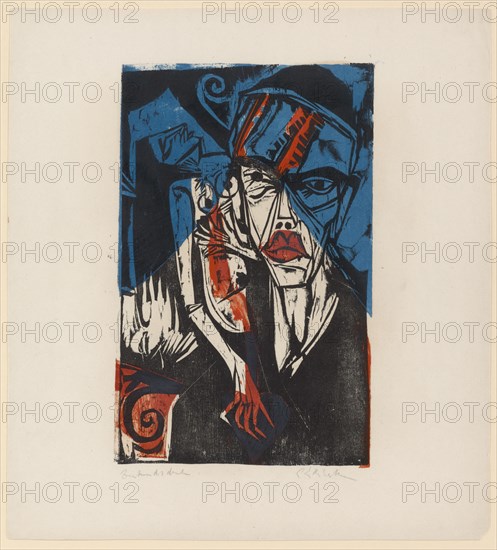 Fighting, 1915, color woodcut on blotting paper, Printing of two sticks (color plate sawn) in black, red and blue, condition pressure, b, ., 1, not numbered and limited, sheet: 44.3 x 39.3 cm |, Image: 33.3 x 21.4 cm, inscribed with pencil and, l .: condition pressure, signed and signed, r .: E L Kirchner, Ernst Ludwig Kirchner, Aschaffenburg 1880–1938 Davos Frauenkirch