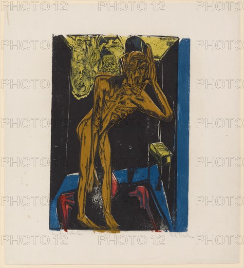 Schlemihl in the loneliness of the room, 1915, colored woodcut on blotting paper, colored print of several sticks in black, brown, blue, red and yellow, condition pressure, c, ., 2, not numbered and limited, sheet: 44.3 x 39.3 cm |, Image: 33.3 x 23.8 cm, inscribed in pencil l.u .: Condition pressure, signed r.u .: E L Kirchner, Ernst Ludwig Kirchner, Aschaffenburg 1880–1938 Davos Frauenkirch