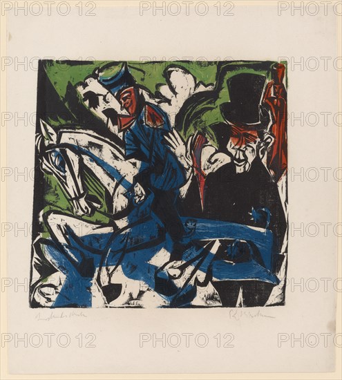 Schlemihl's encounter with the little gray man on the road, 1915, woodcut on blotting paper, colored printing of several sticks in black, blue, green and red, condition pressure, b, ., 1, II, II, not numbered and limited, sheet: 44.3 x 39.3 cm |, Picture: 29.9 x 31.2 cm, inscribed in pencil a., l .: condition pressure, signed and signed, r .: E L Kirchner, Ernst Ludwig Kirchner, Aschaffenburg 1880–1938 Davos Frauenkirch