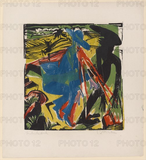 Schlemihl's Encounter with the Shadow, 1915, color woodcut on blotting paper, colored printing of several sticks in black, blue, green, yellow, red and pink (?), state pressure, II. 2, II, not numbered and limited, sheet: 44.3 x 39.3 cm |, Picture: 31 x 29.3 cm, inscribed in pencil a., l .: condition pressure, signed and signed, r: E L Kirchner, Ernst Ludwig Kirchner, Aschaffenburg 1880–1938 Davos Frauenkirch