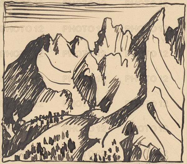 Bergprofile, 1913, ink and brush in black, rectangle edging, leaf: 27.7 x 29.9 cm, U. r., Signed and dated in pencil: ABabberger 1913, August Babberger, Hausen im Wiesental 1885–1936 Altdorf/Uri