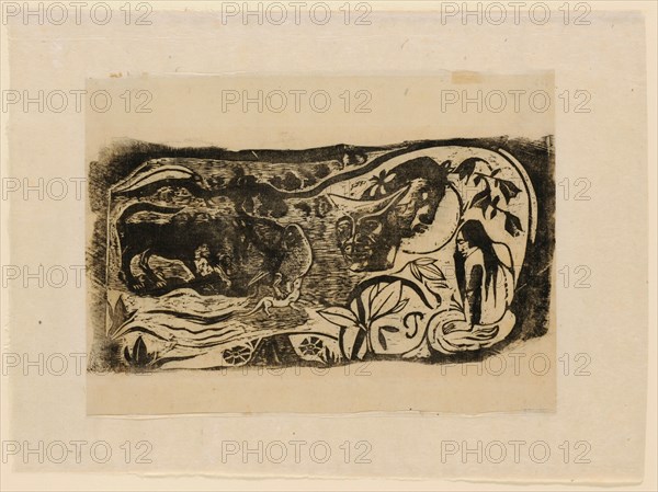 Planche au diable cornu, 1898/99, woodcut, relined, printed in black on Japanese paper, first and only condition, sheet: 22.5 x 30.4 cm |, Image: 15.3 x 30.4 cm, Im Druck u.r., monogrammed: P, Paul Gauguin, Paris 1848–1903 Atuona/Marquesas Inseln