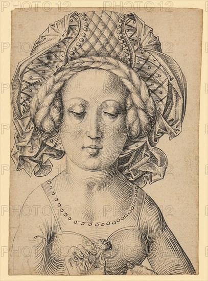 Half-length portrait of a girl with a rich headdress, c. 1470/80, pen in black, Journal: 15.7 x 11.1 cm, unsigned, Anonym, Oberrhein (Elsass), um 1470/80