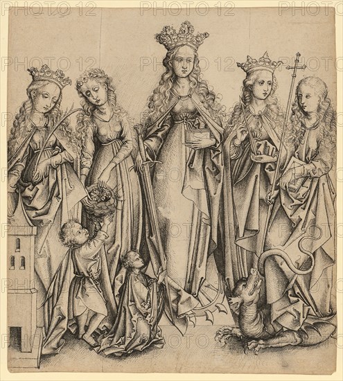 Five female saints with donor, feather in black, Journal: 23.9 x 21.4 cm, Unmarked, Martin Schongauer, (Umkreis / circle), Colmar um 1445–1491 Colmar