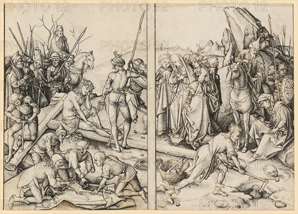 Preparations for the Crucifixion of Christ, c. 1490, feather in black, over preliminary drawing with gray (left half) and brown ink (right half), two juxtaposed leaves, mounted, sheet: 21.2 x 29.7 cm, unsigned, Ludwig Schongauer, Colmar um 1440–1493/1494 Colmar