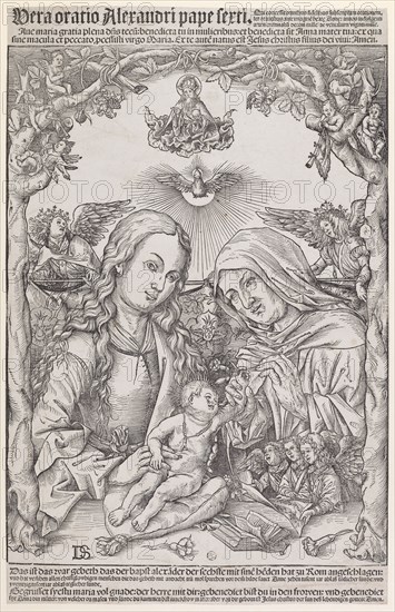 Saint Anna Selbdritt, c. 1510, woodcut on paper and typeface, sheet: ca. 45 x 29 cm |, Picture: about 39 x 29 cm, in the picture field u.l., monogrammed in print: DS [ligated], above the image field in type printing: Vera oratio Alexandri pape sexti., [...] Amen ., underneath: That is the gebeth, which the bapst alexa [n] the sine [n] he [n] struck at Rome: [...] Amen., Meister DS (Daniel Schwegler?), tätig 1503–1515 in Basel