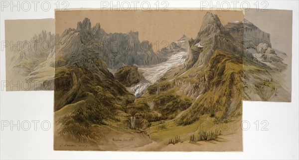 Rosenlaui Glacier, June 1828, quill, watercolor and opaque colors, on brownish gray paper, sheet: 45 x 92.2 cm (three composite leaves), Samuel Birmann, Basel 1793–1847 Basel