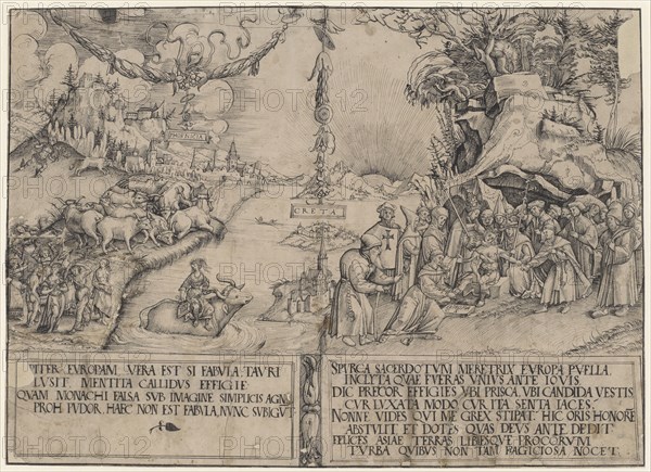 The abduction of Europe as an anticlerical satire, pen in black, l, ., gr. piece of paper supplemented, image: 42.5 x 58.9 cm, 59.5 cm, in the picture a., r., inscribed and monogrammed on a stone: EVROPA, CS, marked on three panels: PHOENICIA, CRETA, EVR, /, OPA, under the picture: [IV] PITER EVROPAM, VERA EST SI FABVLA, TAVRI, LVSIT, MENTITA CALLIDVS EFFIGIE, QVAM MONRARCHI FALSA SVB IMAGINE SIMPLICIS AGN [...], PROH PVDOR, HAEC NON EST FABVLA, NVNC SVBIGVT // SPVRCA SACERDOTVM, MERETRIX EVROPA PVELLA, INCLYTA QVAE FVERAS VNIVS ANTE IOVIS, DIC PRECOR EFFIGIES VBI PRISCA, VBI CANDIDA VESTIS, CVR LVXATA MODO, CVR ITA SENTA IACES, NONNE VIDES QVI ME GREX STIPAT., HIC ORIS HONORE [M], ABSTVLIT, ET DOTES QVAS DEVS ANTE DEDIT, FELICES ASIAE TERRAS LIBYESQVE PROCORVM, TVRBA QVIBVS NON TAM FLAGICIOSA NOCET, Monogrammist C.S. (Conrad Schnitt?), Lucas Cranach d. J., (Umkreis / circle), Wittenberg 1515–1586 Weimar