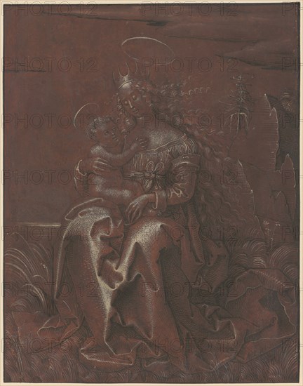 Mary with the Child on a Grass Bank, c. 1510/14, feather in black, heightened with white, on dark brown primed paper, Sheet, Image: 25.2 x 19.7 cm, Not referenced, Hans Fries, Freiburg i. Ü. um 1460 – nach 1523 Bern