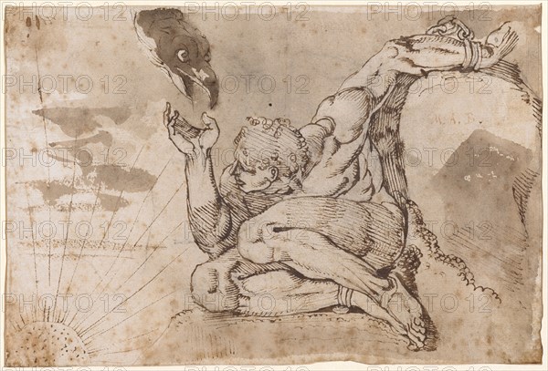Prometheus (male act with 5 given points), 1770/71, pen in brown, partly in pencil, greyish-brown washed, verso: pen, leaf: 15 x 22.2 cm, O. r., inscribed on the rock: M.A.B. [= Michelangelo Buonarroti], Johann Heinrich Füssli, Zürich 1741–1825 Putney Hill b. London