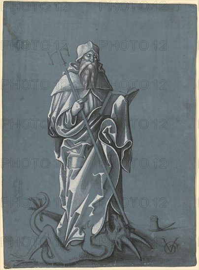 The hl., Antonius, standing on the devil, c. 1507, brush in black, gray and white, on gray-blue primed paper, in beard gray brown, paper: 21.5 x 15.4 cm, U. r., monogrammed: VG [lig.], Borax box over it, Urs Graf, Solothurn um 1485 – 1527/28
