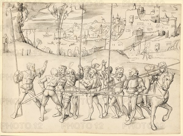 Eight warriors and a rider in landscape, around 1507/08, feather in dark brown, some brush in light brown, sheet: 21.3 x 29.3 cm, not marked, Urs Graf, Solothurn um 1485 – 1527/28