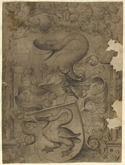 Disc tear with swan coat of arms, children playing on the side and in the upper picture, around 1508, pen and brush in dark brown, dark brown washed, verso: black pencil, folia: 41.4, 42 x 31.1 cm /31.5 cm, O. r., monogrammed on the banner with a brush in gray: VG [lig.], u., r., monogrammed on tablets: VG [lig.], on pedestal of left pillar Borax bush, Urs Graf, Solothurn um 1485 – 1527/28