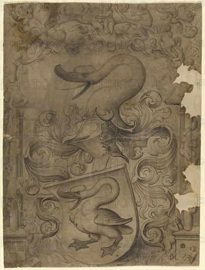Disc tear with swan coat of arms, children playing on the side and in the upper picture, around 1508, pen and brush in dark brown, dark brown washed, verso: black pencil, folia: 41.4, 42 x 31.1 cm /31.5 cm, O. r., monogrammed on the banner with a brush in gray: VG [lig.], u., r., monogrammed on tablets: VG [lig.], on pedestal of left pillar Borax bush, Urs Graf, Solothurn um 1485 – 1527/28