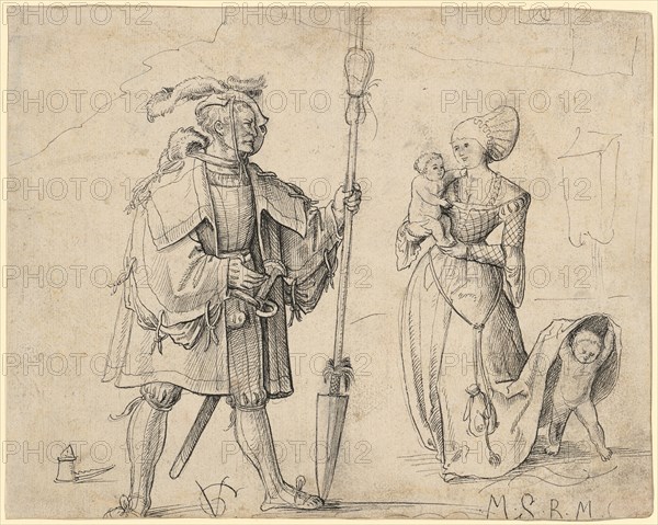 Warrior and Woman with Two Children, c. 1508, Feather in Black, Sheet: 18.5 x 23.2 cm, U. l., Boraxbüchse, u, ., M. l., monogrammed: VG [lig.], u., r., designated: M.S.R.M ., verso o. r., Feather samples and designated: [Me] in early grave vnd, Urs Graf, Solothurn um 1485 – 1527/28