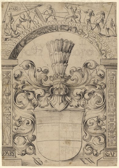 Slice tear with the coat of arms of Austria, in the upper picture Putten in the fighting game, around 1511, feather in black, remains of a preliminary drawing with black pencil, verso: brush samples in green and purple, sheet: 43.9 x 30.9 cm, O. inscribed on the banner: PVREGO, u, ., l, ., and r., inscribed on the pedestals: DVVRS, GRAF, u, ., M. l., monogrammed: VG [lig.], u, ., M. r., denotes: EW, Urs Graf, Solothurn um 1485 – 1527/28