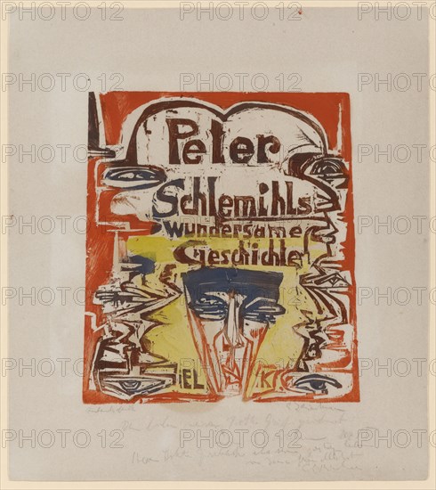 Title page of the woodcut sequence to Adelbert von Chamisso's story Peter Schlemihl's miraculous story, 1915, colored woodcut on blotting paper, colored print of a stick in red, blue and brown, colored with yellow, condition pressure, I /, I, not numbered and limited, sheet: 44.5 x 39.5 cm |, 29.4 x 26 cm, inscribed in print o. M.: Peter, Schlehmils, miraculous, story, EL K, under the illustration l., inscribed in pencil: Condition pressure, r., signed: E.LKirchner, u, ., M. Dedication of the artist: Dedicated to the dear and wise Botho Gräf, by E L Kirchner Dec. 15, Doctor Grisebach as his spiritual heir, in Jena freundst, E.L., Kirchner, Ernst Ludwig Kirchner, Aschaffenburg 1880–1938 Davos Frauenkirch