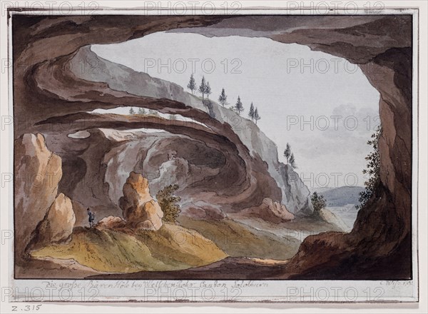 The big bear hell at the Welschen Rohr., Canton Solothurn, 1790, quill, watercolor, sheet: 16 x 22.7 cm |, Picture: 15.1 x 22.7 cm, L. under the inscription with spring inscribed: The big bear Höle at the tube., Canton of Solothurn, r., signed and dated: C Wiss 1790, Caspar Leontius Wyss, Emmen um 1762–1798 Mannheim