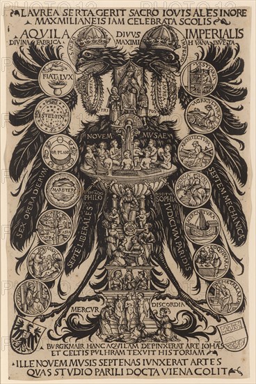 Allegorical imperial eagle of Konrad Celtis with the arts, the Musenbrunnen and the judgment of the Paris, 1507, woodcut, image: 33.3 x 21.6 cm, Hans Burgkmair d. Ä., Augsburg 1473–1531 Augsburg