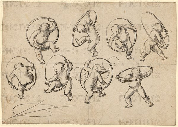 Eight children rising through hoops, around 1514, feather in black, leaf: 14.7 x 20.8 cm, U. l., monogrammed: VG [lig.], Urs Graf, Solothurn um 1485 – 1527/28