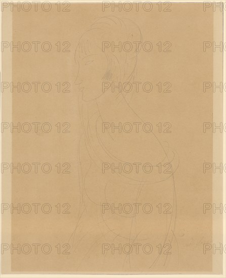 Jeanne Hébuterne in profile, (1919?), Pencil on thin, brown paper, sheet: 34.2 x 27.8 cm (width above 27.8 cm, width below 27.9 cm), U. r., signed in pencil: modigliani, Amedeo Modigliani, Livorno 1884–1920 Paris