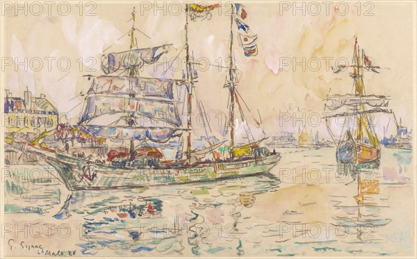The Port of St. Malo, 1928, Black chalk, watercolor and opaque white on paper, mounted on paper, mounted on thicker paper, sheet: 25.60 x 41.40 cm, U. l., Signed, inscribed and dated in chalk: P. Signac, St Malo 28, Paul Signac, Paris 1863–1935 Paris