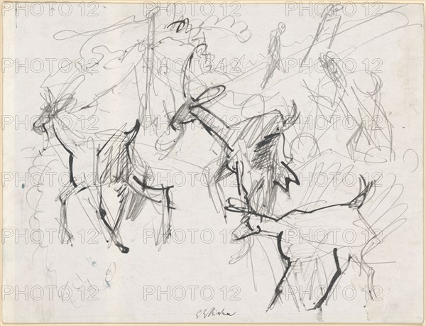 Three goats, c. 1918, pencil, brush with ink, on half board, page: 38.3 x 50.1 cm (largest mass), U. M. with ink signed: E L Kirchner, Ernst Ludwig Kirchner, Aschaffenburg 1880–1938 Davos Frauenkirch