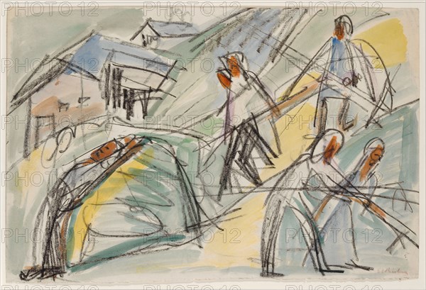 Haymaking, around 1920, chalk and watercolor over pencil, verso: pencil, leaf: 37.5 x 56 cm (largest mass), U. r., signed in red pencil: E L Kirchner, inscribed in pencil on the back: 71 hay harvest, Ernst Ludwig Kirchner, Aschaffenburg 1880–1938 Davos Frauenkirch