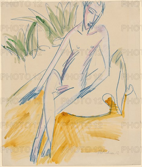 Sitting Bather, 1912, chalk in blue, watercolored, leaf: 46 x 39.1 cm (largest mass), U. r., Signed and dated in pencil: E L Kirchner 12, Ernst Ludwig Kirchner, Aschaffenburg 1880–1938 Davos Frauenkirch