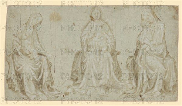 Three depictions of the seated Mary with Child, shortly before 1400, metal pencil, heightened with white brush, on pale green primed paper, on 18th century paper., mounted, Leaf: 11.5 x 20.9 cm, Not specified, Burgund, Ende 14. Jh., Jean de Beaumetz, (zugeschrieben / attributed to), Beaumetz um 1335–1396 Burgund