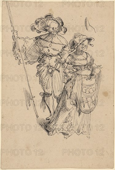 Rice-walker with halberd and harlot, c. 1520/21, feather in dark gray, page: 15.5 x 10.5 cm, Monogrammed on the woman's apron: GGGG [lig.], including: VVV [lig., with dagger], Urs Graf, Solothurn um 1485 – 1527/28