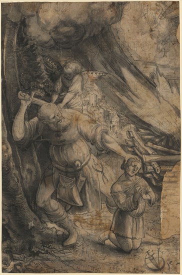 Abraham sacrifices Isaac, 1521 (?), Pen and brush in black, gray washed, verso: black chalk, mounted on Japanese paper, leaf: 29.7 x 19.6 cm, U. r., monogrammed and dated: VG [lig., with dagger], 152 [1?], Urs Graf, Solothurn um 1485 – 1527/28