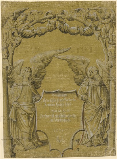 Broken glass with two shielded angels, 1529, feather in black, gray washed, heightened in white, small, Supplements with red chalk, on olive green primed paper, sheet: 42.6 x 30.7 cm /31.7 cm, Inscribed, dated and monogrammed on the label: PSALM.VII., My shield is with God helping the, Pious Hertzen., PSALM XVIII, The Lord is a shield to all the, In the trust, 1529, VG [lol.], Urs Graf d. J., Basel 1512–1559 Emilia-Romagna