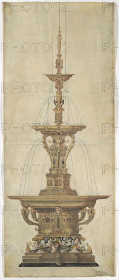 Design for a table fountain, around 1555/60, pen, watercolor and gouache on paper, pasted on parchment, the outlines cut out, leaf: 154 x 62 cm |, Picture: 135.7 x 60 cm, Wenzel Jamnitzer, (oder Werkstatt / or workshop), Wien 1508–1585 Nürnberg