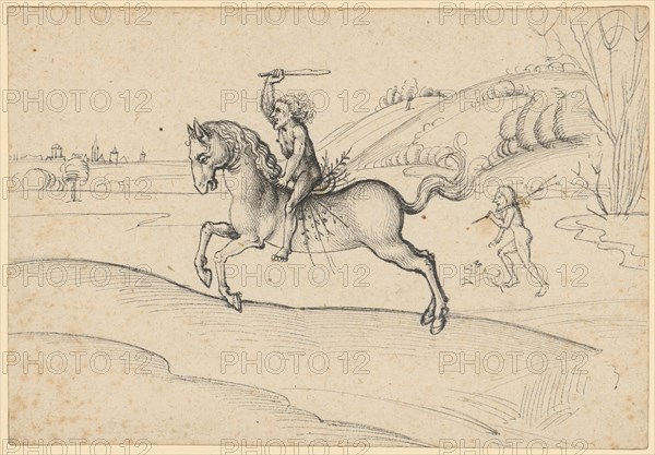 Wild man, galloping on a horse, feather in gray and black, Leaf: 10.5 x 15.3 cm, Unmarked, Ludwig Schongauer, Colmar um 1440–1493/1494 Colmar