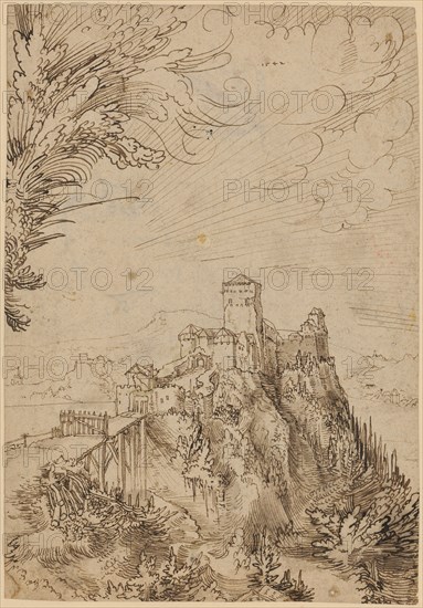 Castle Aggstein in the Wachau, 1542, feather in brown, brown washed, verso: brush in violet, leaf: 28.8 x 20.1 cm, O. M. dated: .1542., Wolf Huber, Feldkirch um 1480/85–1553 Passau