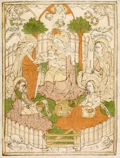 Mary in the Garden of Paradise with four female saints, c. 1460/70, woodcut (brown print), colored, unique, foliate: 26.6 x 19.9 cm, inscribed on the banners: Sancta Katherina, S [an] c [t] a barbara, p, [an] c [mar] margareta, sancta [d] orathea, Anonym, Oberrhein, 15. Jh.