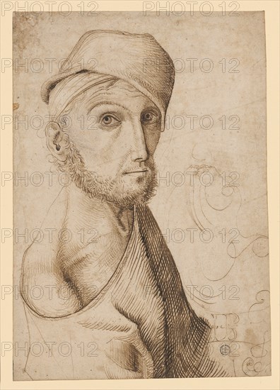 Half-length portrait of a man with a wound and cap, last quarter of the 15th century, pen in brown, leaf: 26 x 18.2 cm, U. r., an indicated monogram: I.B., [or H.B.?!, spring, samples, Anonym, Oberrhein, letztes Viertel 15. Jh.