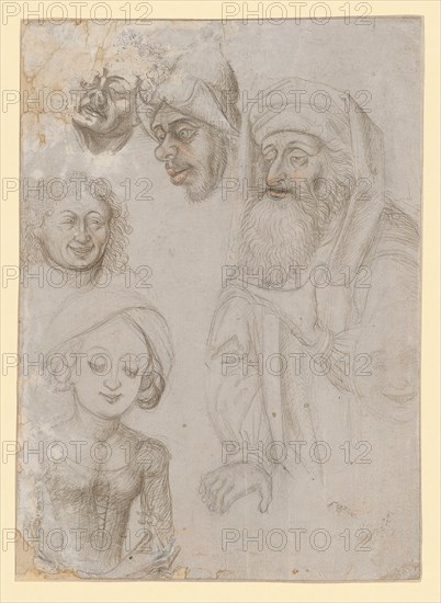 Study sheet with two half-figures and four heads, c. 1470/80, silver pencil and some red chalk on light gray primed paper, sheet: 20 x 14.4 cm, unmarked, Caspar Isenmann, um 1410 – vor 1490 Colmar